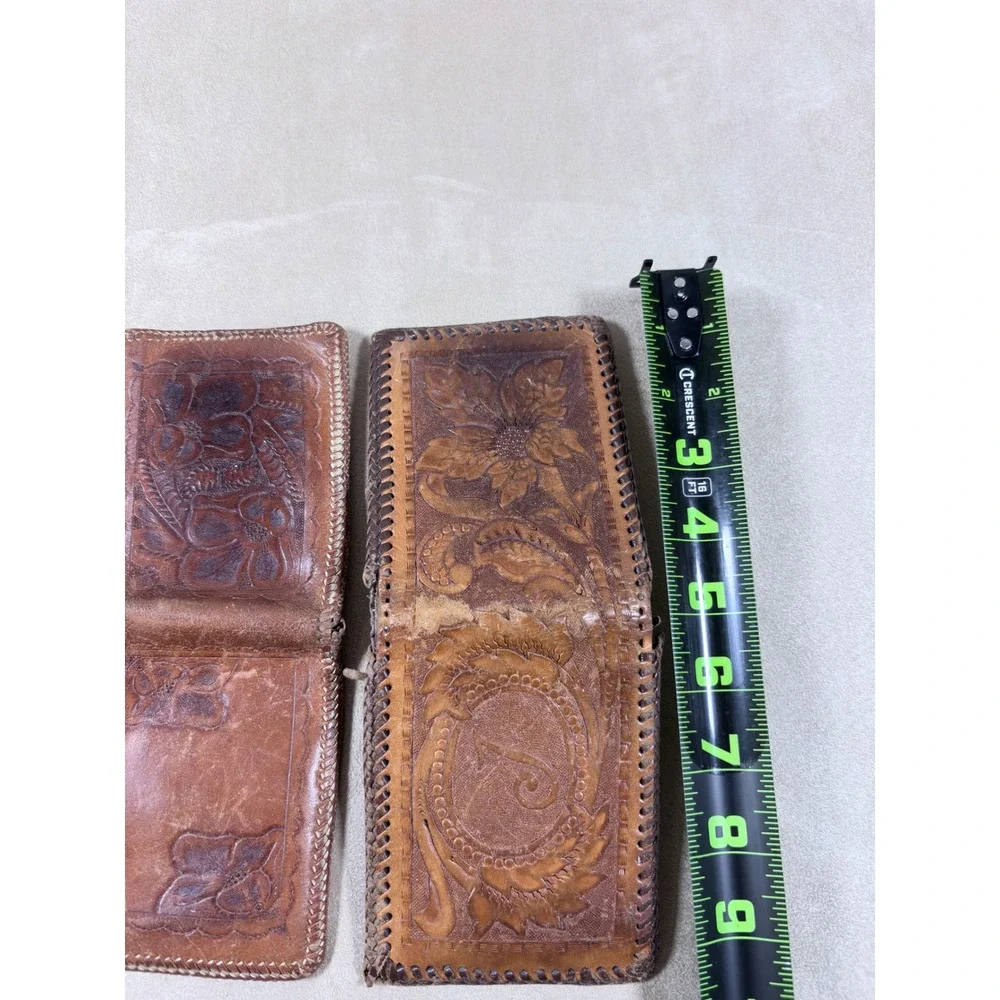 Vintage Hand Tooled Leather Wallet Set Mens Floral Western Bifold Whipstitch 2pc